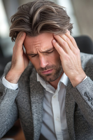 Stressed businessman with a severe headache, holding his temples in pain, exhaustion at work conceptの素材