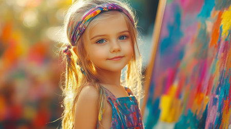 Portrait of a Young Girl with Blue Eyes and Headband, Smiling in Front of Colorful Artworkの素材