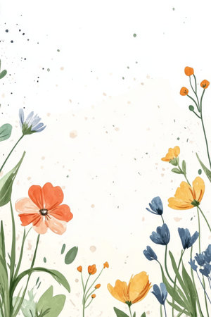 Watercolor Wildflower Border with Peach and Yellow Flowers, Leaves, and Delicate Grass Backgroundの素材