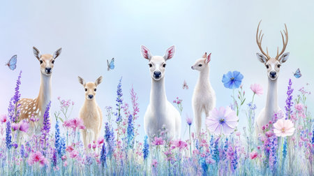 Gentle Forest Family, Deer in a Pastel Wildflower Meadow, Watercolor Illustration Backgroundの素材