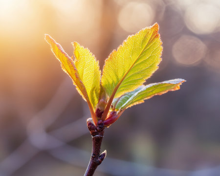 Fresh Green Spring Leaves on Branch, Backlit by Golden Sunlight, Shallow Depth of Fieldの素材