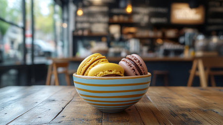 Assortment of Fresh, Colorful Macarons in a Bowl on a Rustic Table, Coffee Shop Backgroundの素材
