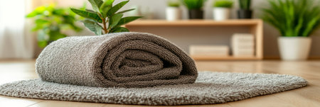 Cozy Home Spa Soft Gray Towel Rolled Neatly on a Shag Bath Mat with Tranquil, Minimalist Interiorの素材