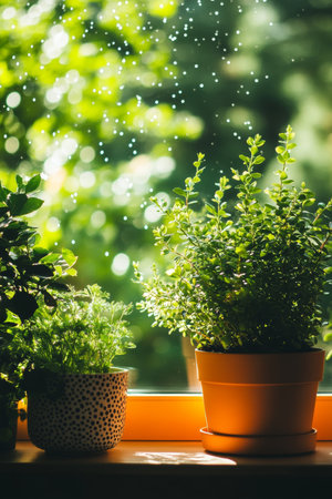 Fresh Greenery Indoor And Shining Through Window From Blurry Outdoors At Rainy Summerの素材