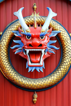 Fierce Chinese Dragon Head Sculpture Against Red Door,.Traditional Asian Art and Designの素材