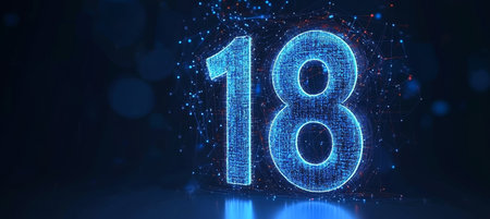 Glowing Digital 3D Number 18 In Futuristic Style On An Abstract Background, 3D Illustrationの素材