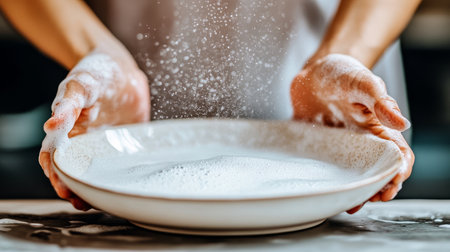 Scrubbing Dishes Away Hands Washing Dirty Plate With Suds, Close-Up, Ample Copy Spaceの素材
