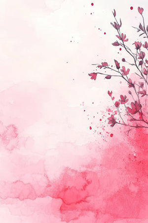 Romantic Blush and Cream Watercolor Background with Floral Line Art, Pastel and Detailedの素材