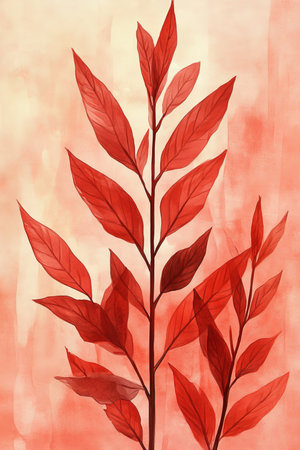 Watercolor Botanical Illustration, Minimalist Red Leaves on Coral Background, Soft Focus Artworkの素材