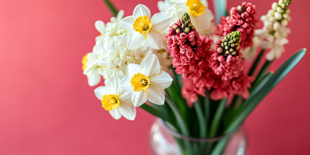 Fresh Spring Flowers Delicate Arrangement of White Daffodils and Peach-Colored Hyacinthsの素材