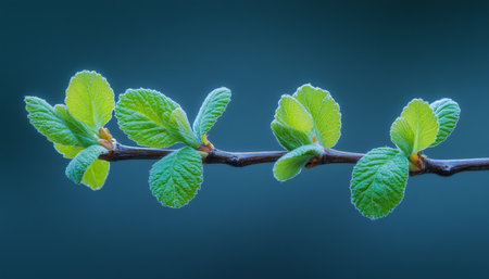 New Life. Fresh green spring leaves unfurling on a twig against a blurred background.の素材