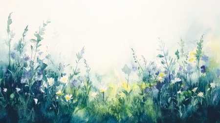 Dreamy Floral Meadow A Soft Watercolor Painting of Pastel Flowers on an Ivory Backdropの素材