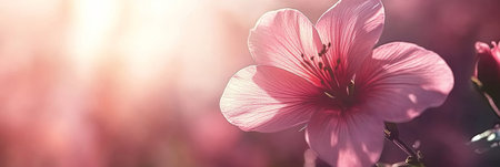 Delicate Pink Flower on a Soft Pastel Background with Dreamy Sunlight, Minimalist Floral Designの素材