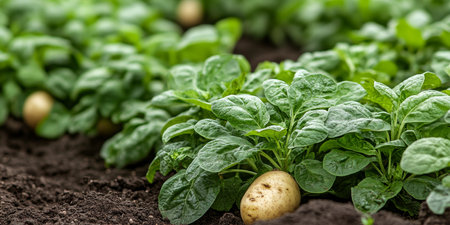 Fresh potatoes growing underground with green leaves on a blurred background, organic gardeningの素材