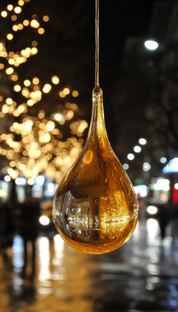 Golden Hour Reflection A Single Hanging Ornament Captures the Warm Glimmer of City Lightsの素材