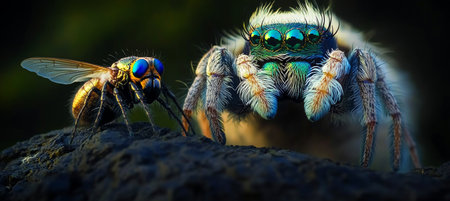 Colorful Jumping Spider and Metallic Fly on Dark Background, Wildlife Macro Photographyの素材