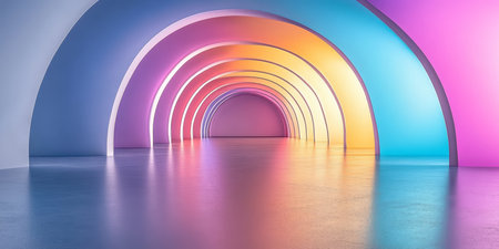 Neon Tunnel With Vibrant Colors, Abstract Design With Repeating Arches And Smooth Lighting Gradientsの素材