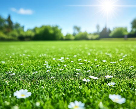 Lush Green Meadow, Vibrant Spring Landscape with Blooming Daisies, Sunny Day, Blue Sky, Bokeh, 8Kの素材