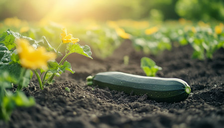 Fresh zucchini harvest, organic vegetable in garden with yellow flowers. Summer sunlight gardeningの素材