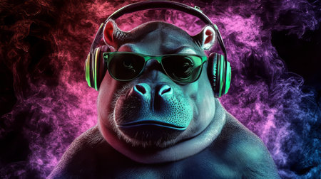 Cool Neon Party Animal DJ Hippo Wearing Headphones and Sunglasses with Colorful Smoke Backgroundの素材