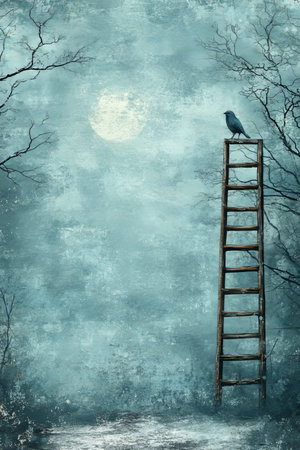 Ethereal Moonlight, Gentle Blue Watercolor, Delicate Sketched Branches, Soft Light, Ladder, Birdの素材