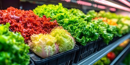 Fresh, Vibrant Lettuces on Display in a Supermarket Produce Aisle Full of Leafy Greensの素材