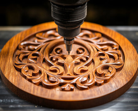 CNC Router Engraving Detailed Design in Cherry Wood Craftsmanship, Precision Carpentryの素材
