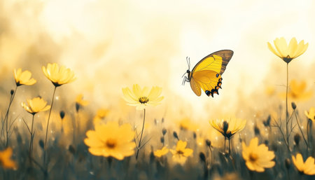 Yellow Butterfly in a Field of Flowers, Minimalist Background With a Gentle Orange Hueの素材