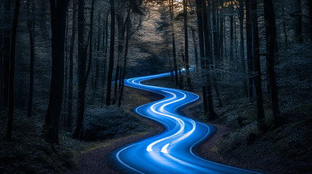 Winding Forest Road, Blue Trails of Light at Night, Serene Journey Through Nature s Embraceの素材
