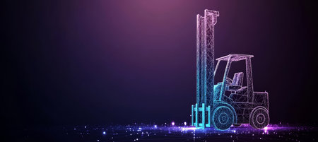 Forklift on Purple Technology Background, Connected Dots and Triangles of Industrial Transportの素材