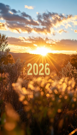 Sunrise Over Hills with Golden Light and Blurred Plants, Overlay Text 2026 for New Year Conceptの素材