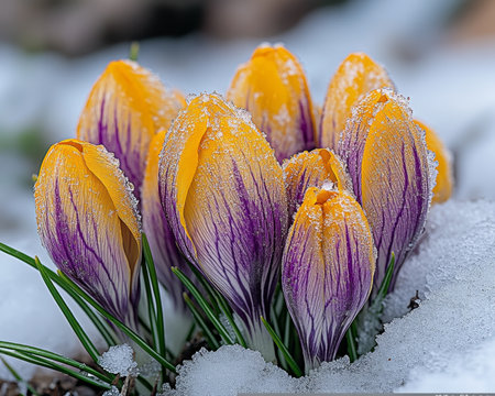 Vibrant Spring Crocuses Blooming Through Fresh Snow, Close-Up with Shallow Depth of Fieldの素材