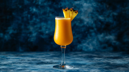 Refreshing Tropical Pineapple Cocktail in a Tall Glass, Isolated on a Blue Textured Backgroundの素材