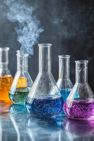 Colorful Chemical Solutions in Laboratory Glassware, Experiment with Fuming Substancesの素材
