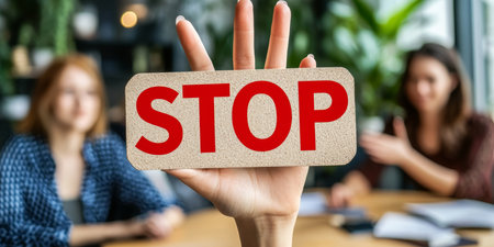 Woman s Hand Displays Stop Sign Against Harassment, with Blurred Colleagues in Office Settingの素材