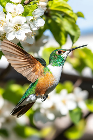 Hummingbird in Flight, Delicately Sipping Nectar from White Blossoms, Springtime Beautyの素材