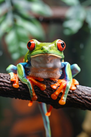 Red-Eyed Tree Frog, Agalychnis Callidryas, Perched on Branch in Lush Rainforest Habitatの素材