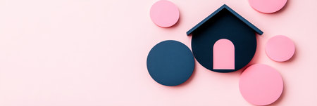 Geometric Minimalism, Abstract Pattern With Tiny House Model And Pastel Pink, Navy Blue Circlesの素材
