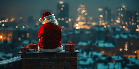 Santa Claus Contemplating Snowy City Skyline with Gifts From Rooftop Chimney, Festive Nightの素材