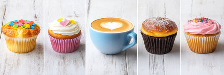 Sweet Treats and Coffee, Variety of Delicious Cupcakes, Muffin, and Cappuccino in Collageの素材