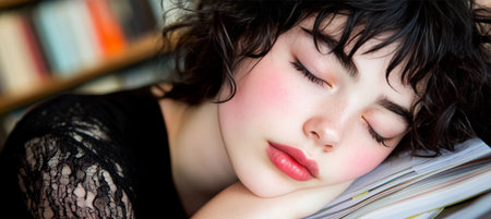 Exhausted Young Woman Asleep on Desk with Papers, Natural Light, Shallow Depth of Fieldの素材
