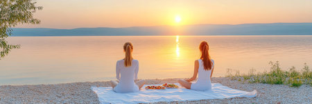 Friends Enjoying Sunset Picnic with Snacks by the Tranquil Lake. Summer Vacation Concept.の素材