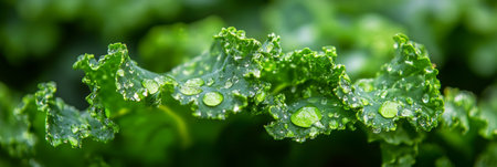 Closeup of vibrant green Kale Leaves with Water Droplets from recent rain in a Garden Bedの素材