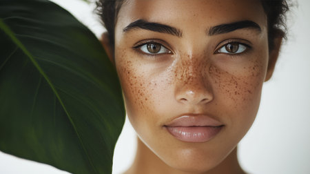 Beautiful Woman With Freckles, Tan Skin, And Natural Beauty Posing With Tropical Green Leafの素材