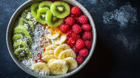 Vibrant and Healthy Breakfast Bowl Fresh Fruit and Sliced Bananas on a Textured Background.の素材