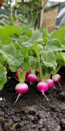 Fresh, organic radishes growing in a garden bed, ready for harvest. Homegrown vegetables.の素材