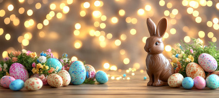 Chocolate Easter Bunny and Dyed Eggs with Colorful Twinkling Fairy Lights in the Backgroundの素材