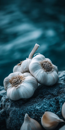 Close-Up Still Life Photo, Whole Organic White Fresh Garlic Head On Dark Blue Textured Tableの素材