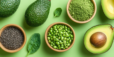 Superfoods Flat Lay, Matcha, Edamame Beans, Chia Seeds And Avocadoon The Green Background.の素材