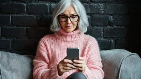 Mature Woman Experiencing Eye Strain From Smartphone Use, Digital Eye Fatigue Conceptの素材